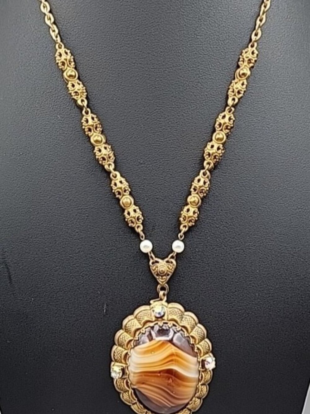 Vtg Germany Brown Swirl Art Glass Pendant Necklace AB Rhinestones Gold Tone